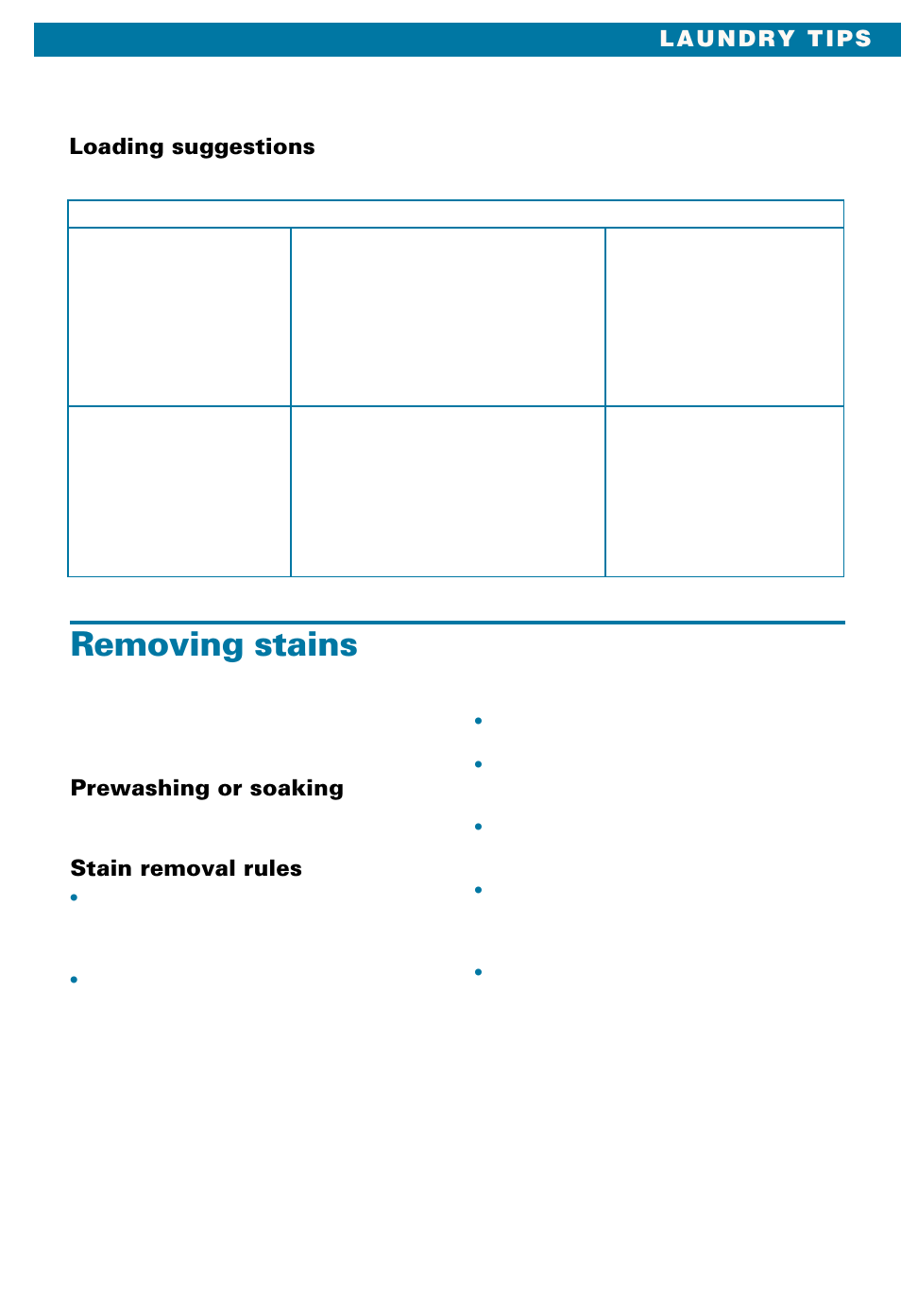 Removing stains, Prewashing or soaking, Stain removal rules | Whirlpool LSE9355BQ0 User Manual | Page 21 / 32