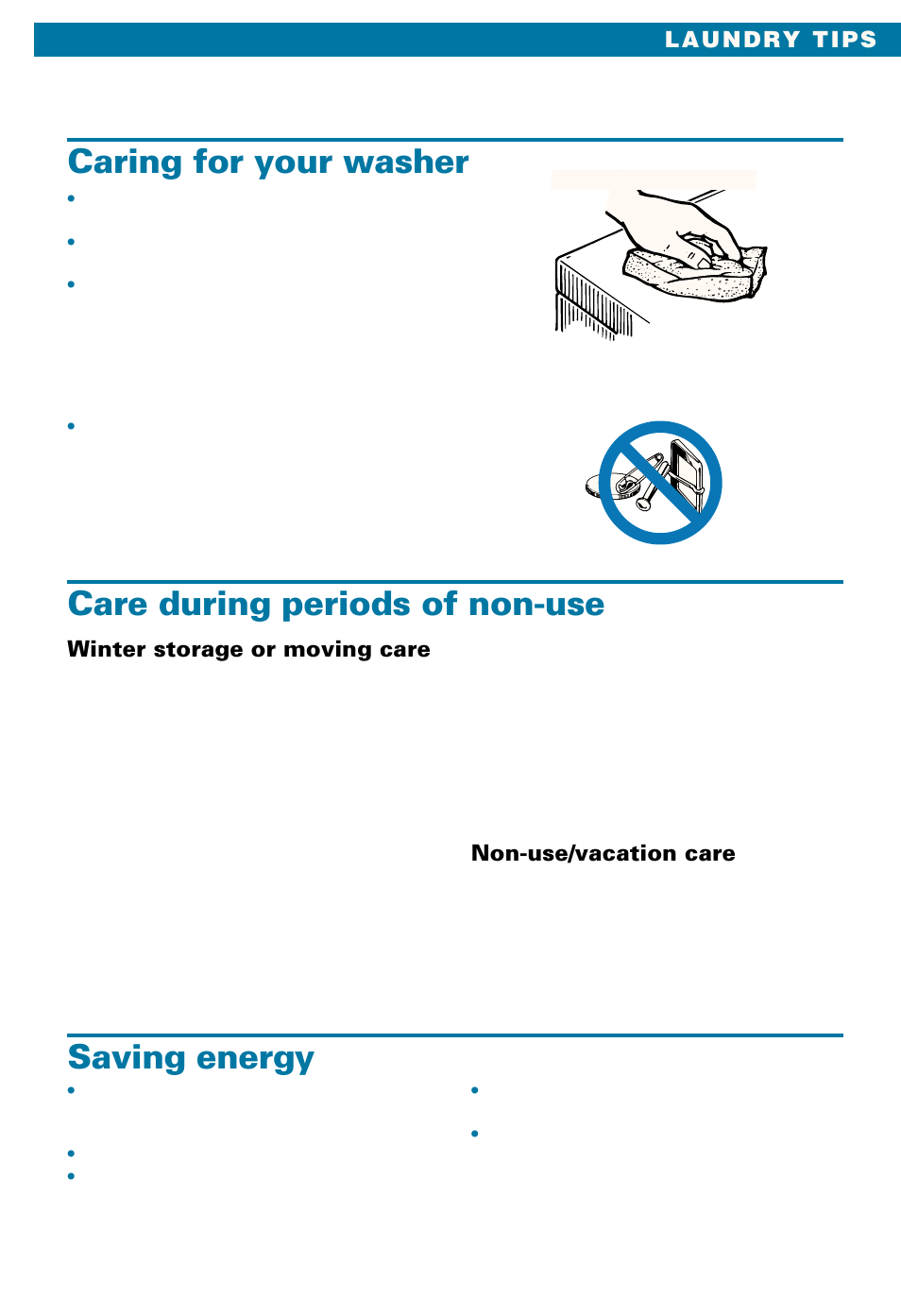 Caring for your washer, Care during periods of non-use, Saving energy | Winter storage or moving care, Non-use/vacation care | Whirlpool LSE9355BQ0 User Manual | Page 29 / 32