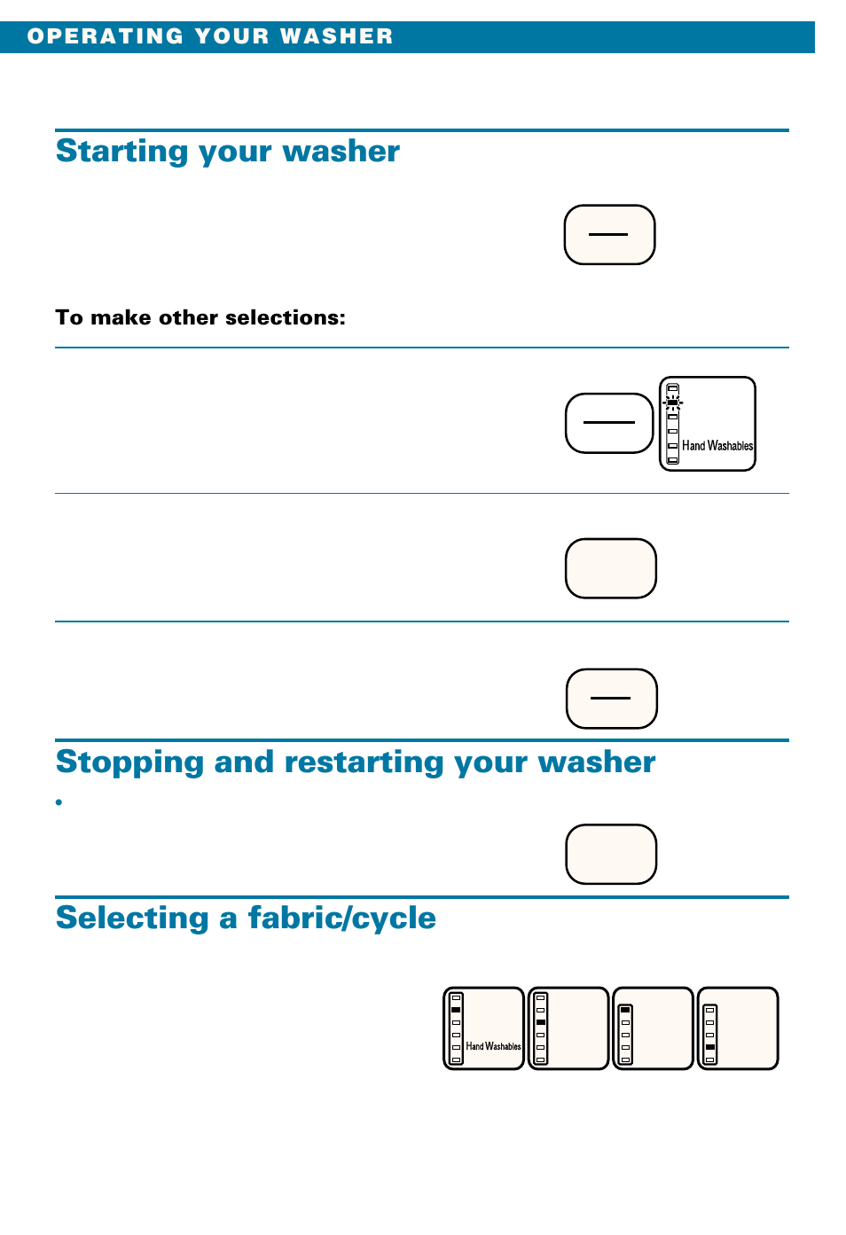 Starting your washer, Stopping and restarting your washer, Selecting a fabric/cycle | Start delay, Select, Cancel, Press select, Press start | Whirlpool LSE9355BQ0 User Manual | Page 6 / 32