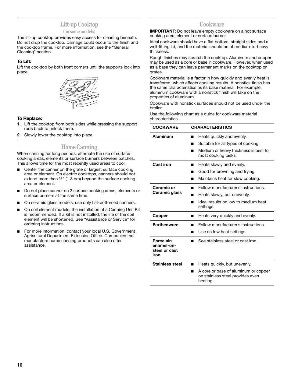 Lift-up cooktop, Home canning, Cookware | On some models) | Whirlpool 9762365A User Manual | Page 10 / 28