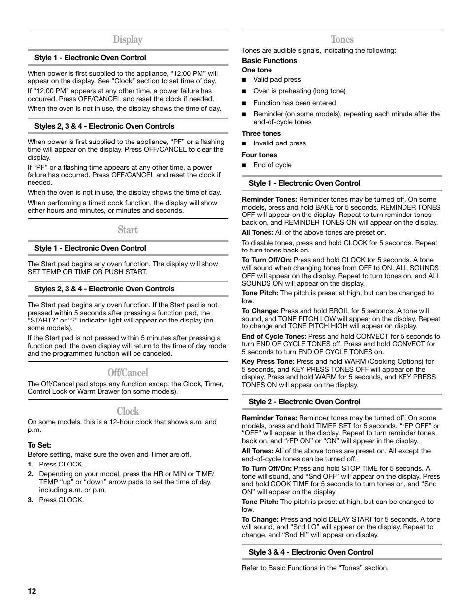 Display, Start, Off/cancel | Clock, Tones | Whirlpool 9762365A User Manual | Page 12 / 28
