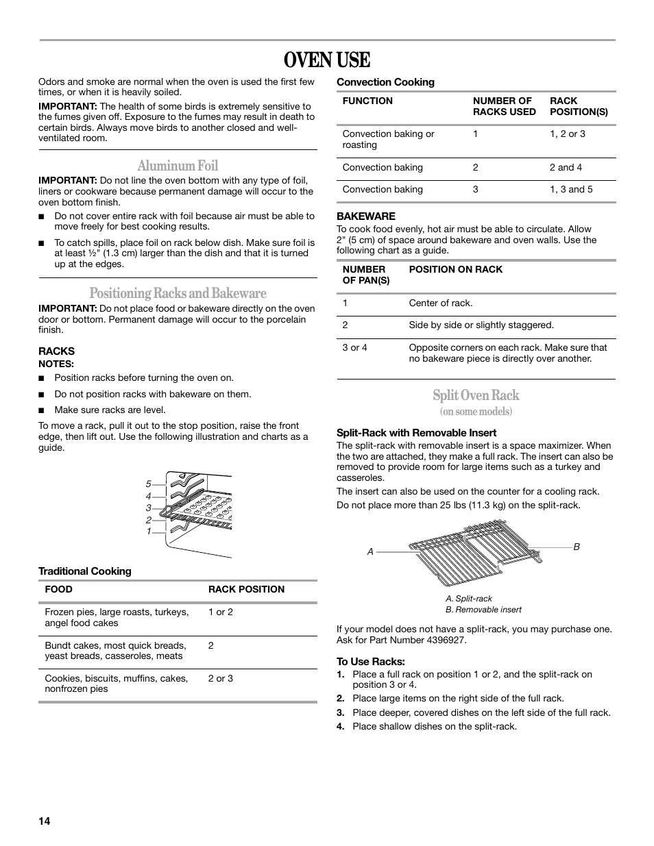 Oven use, Aluminum foil, Positioning racks and bakeware | Split oven rack | Whirlpool 9762365A User Manual | Page 14 / 28