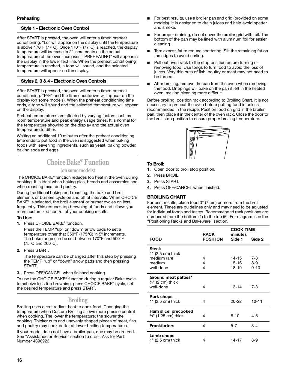 Choice bake, Function, Broiling | On some models) | Whirlpool 9762365A User Manual | Page 16 / 28