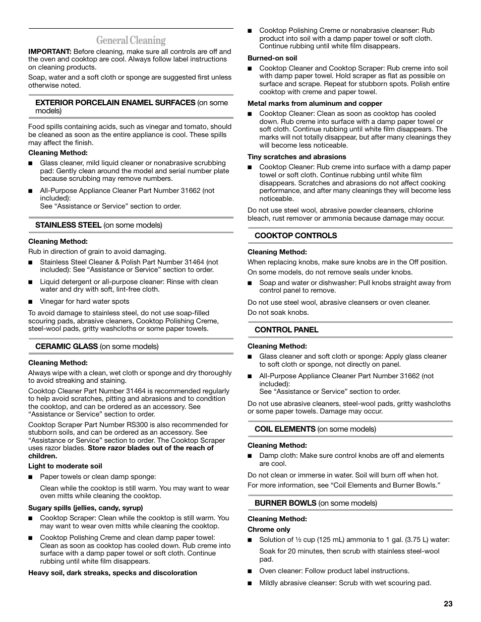 General cleaning | Whirlpool 9762365A User Manual | Page 23 / 28