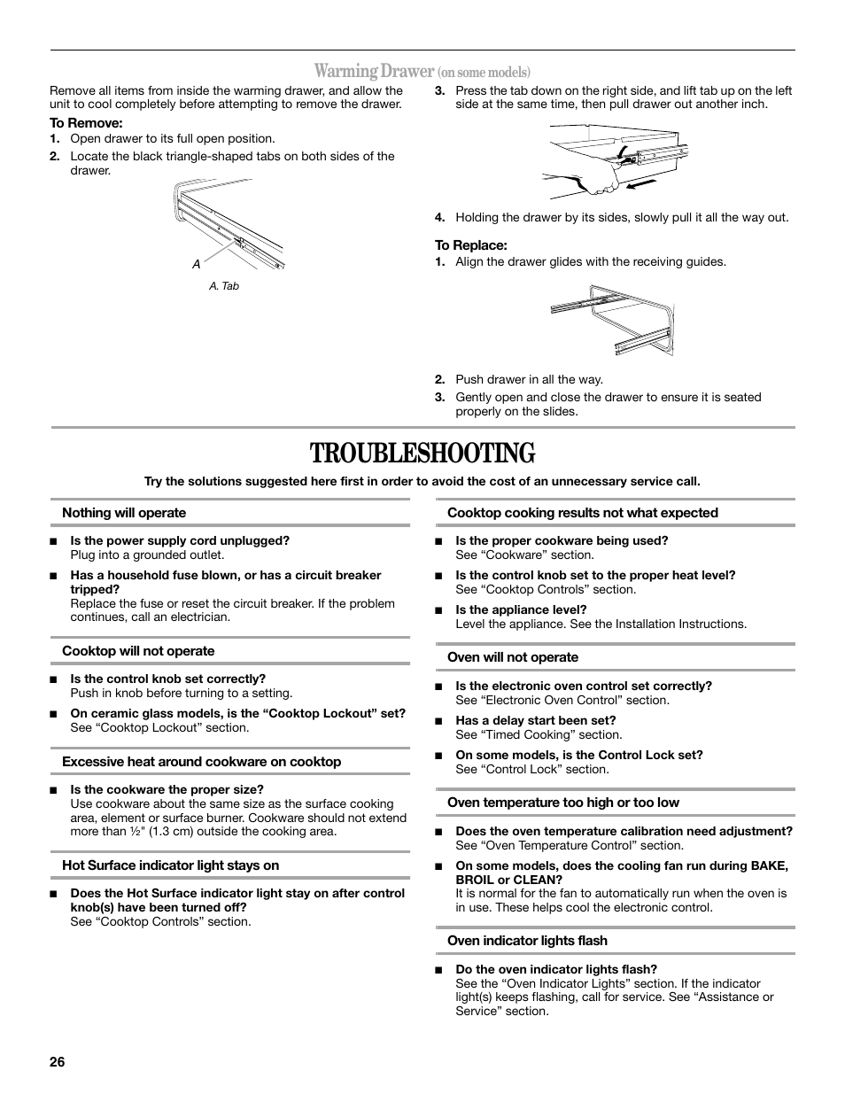 Troubleshooting, Warming drawer | Whirlpool 9762365A User Manual | Page 26 / 28