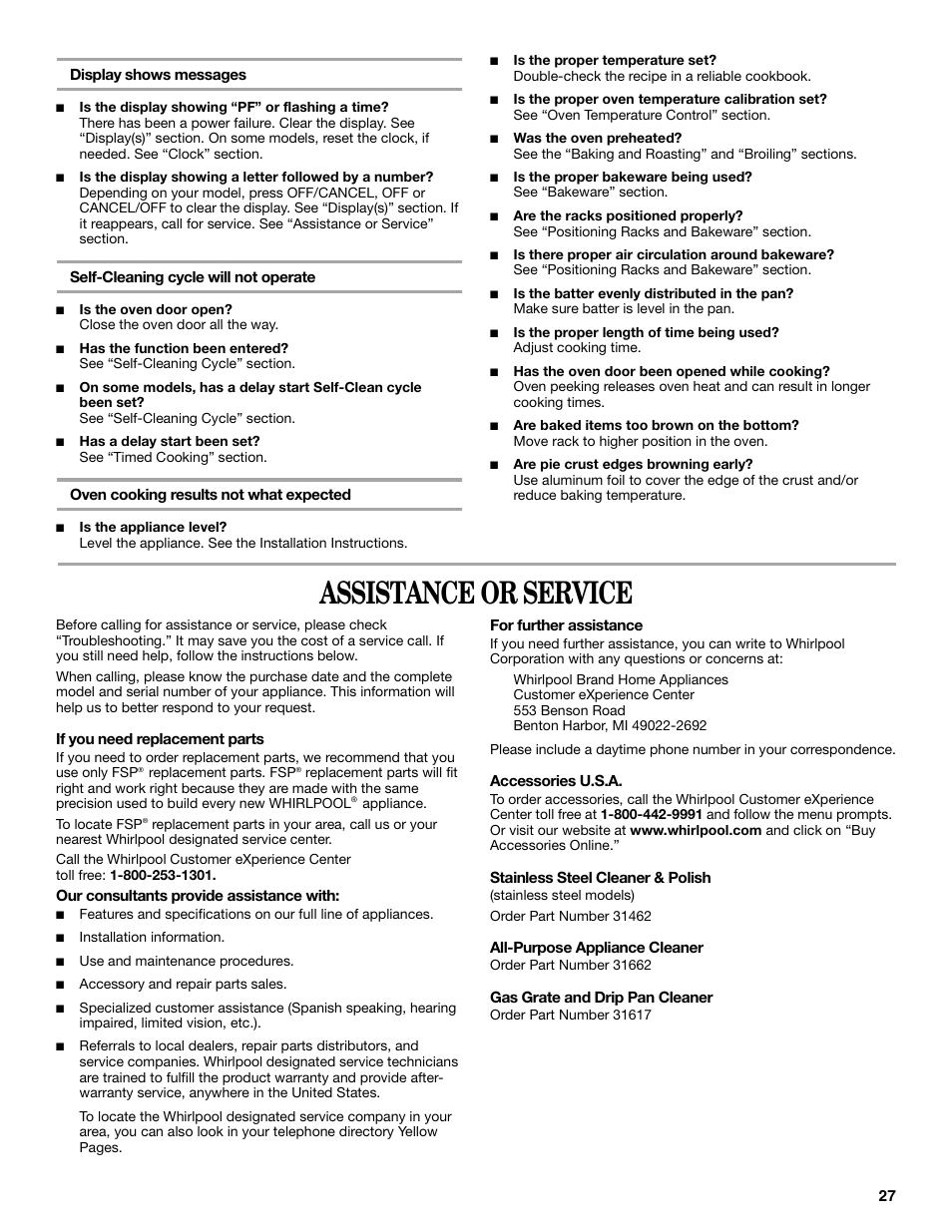 Assistance or service | Whirlpool 9762365A User Manual | Page 27 / 28