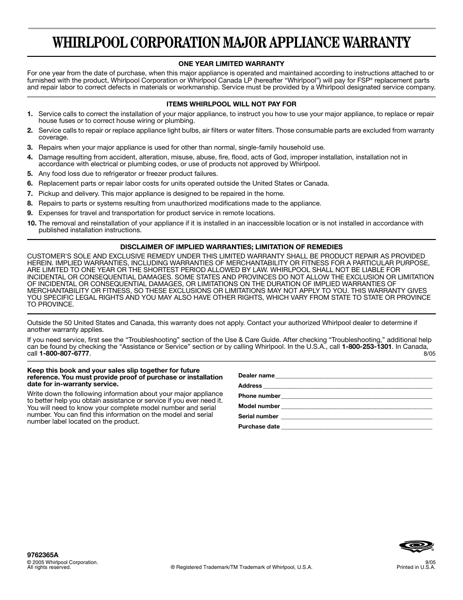 Whirlpool corporation major appliance warranty | Whirlpool 9762365A User Manual | Page 28 / 28