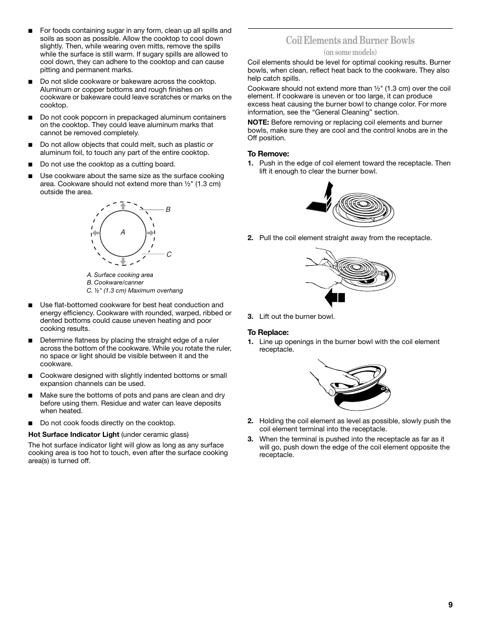 Coil elements and burner bowls, On some models) | Whirlpool 9762365A User Manual | Page 9 / 28