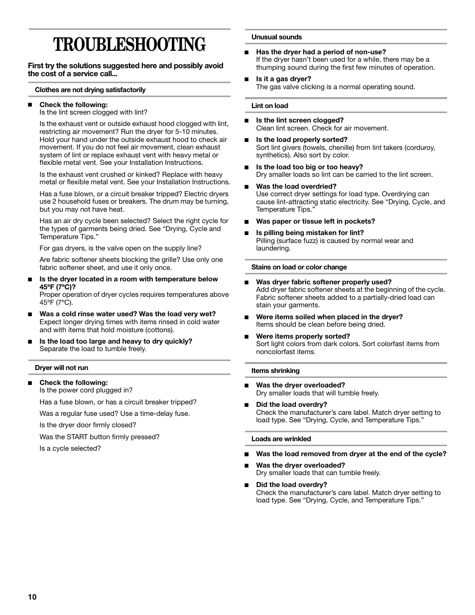 Troubleshooting | Whirlpool GCGM2991LQ0 User Manual | Page 10 / 24