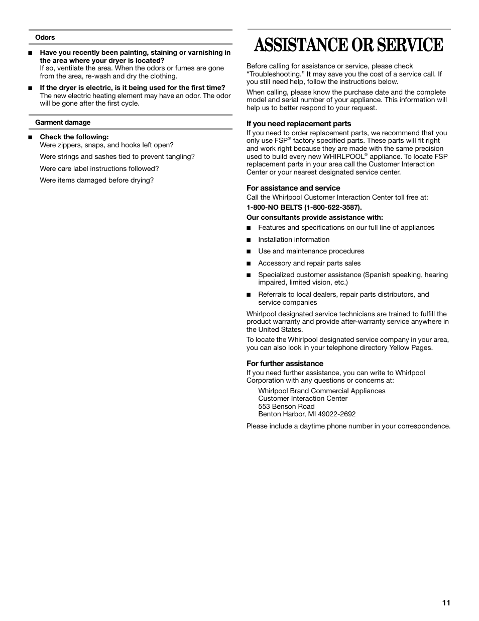 Assistance or service | Whirlpool GCGM2991LQ0 User Manual | Page 11 / 24