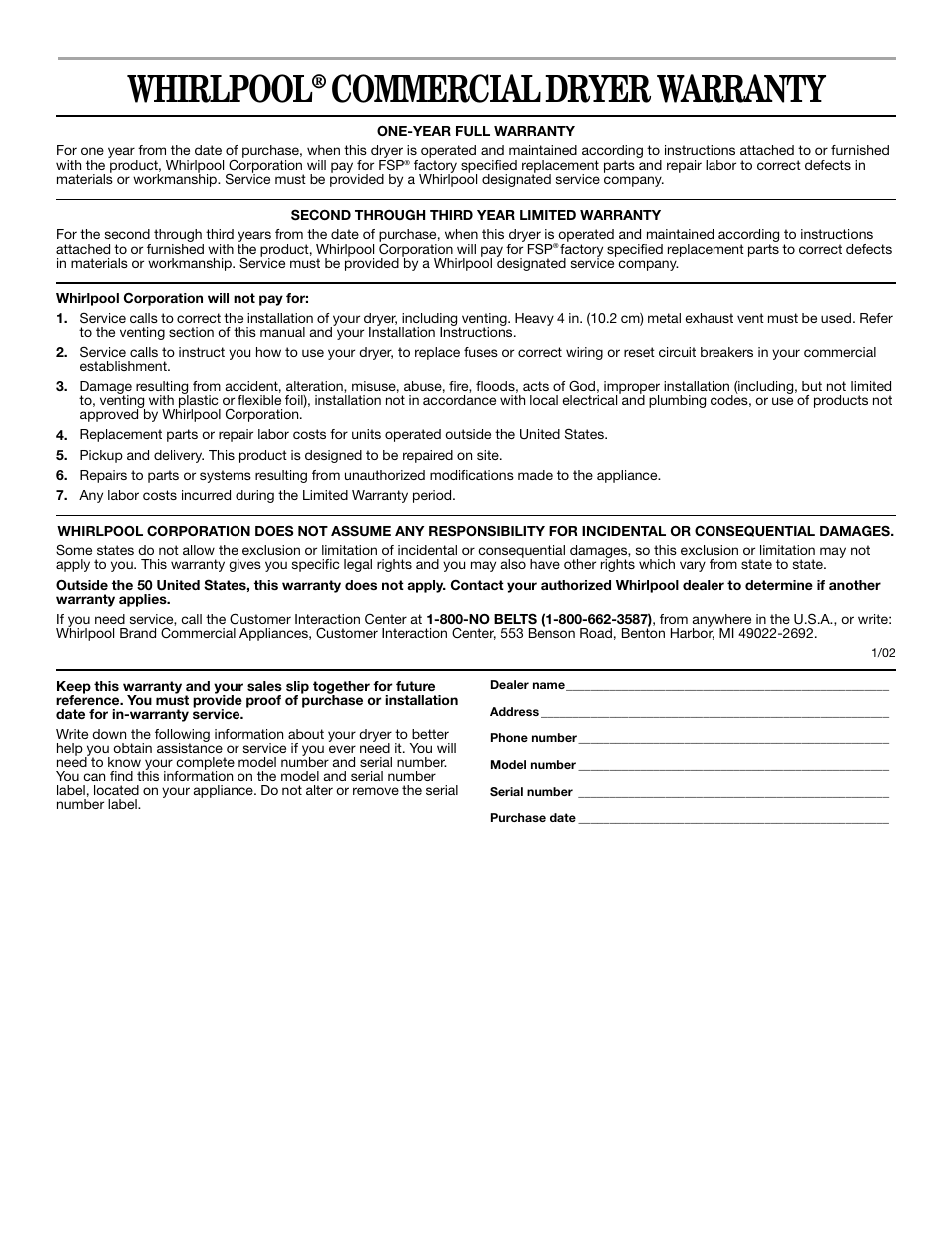 Warranty, Whirlpool, Commercial | Dryer warranty | Whirlpool GCGM2991LQ0 User Manual | Page 12 / 24