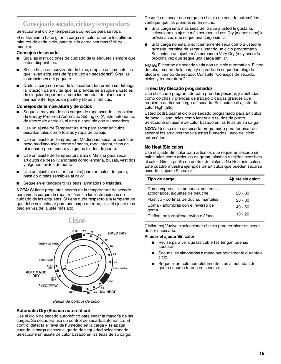 Consejos de secado, ciclos y temperatura, Ciclos | Whirlpool GCGM2991LQ0 User Manual | Page 19 / 24