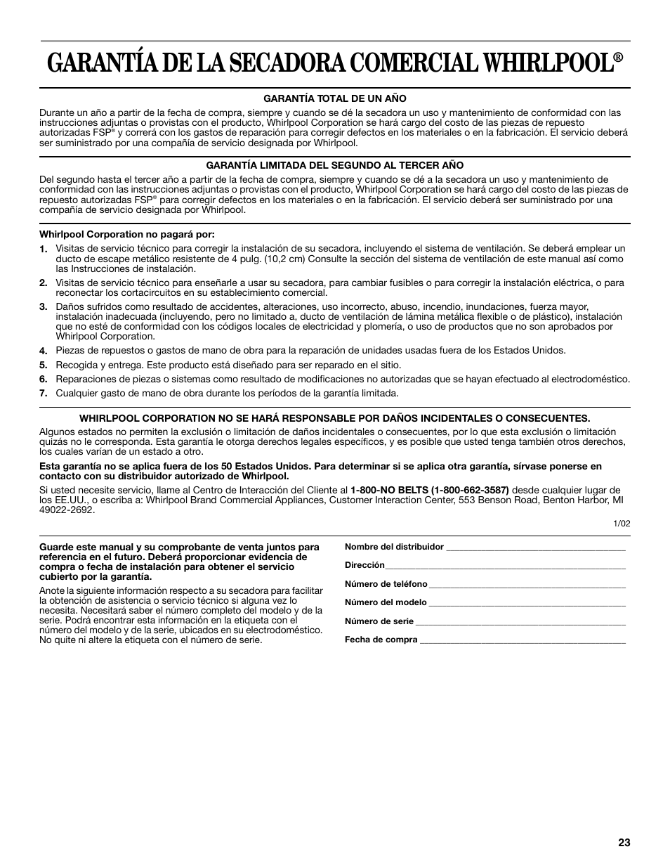 Garantía, Garantía de la secadora comercial whirlpool | Whirlpool GCGM2991LQ0 User Manual | Page 23 / 24