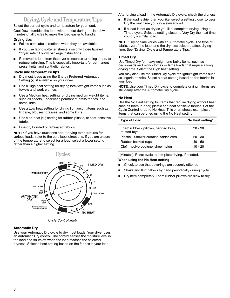 Drying, cycle and temperature tips, Cycles | Whirlpool GCGM2991LQ0 User Manual | Page 8 / 24