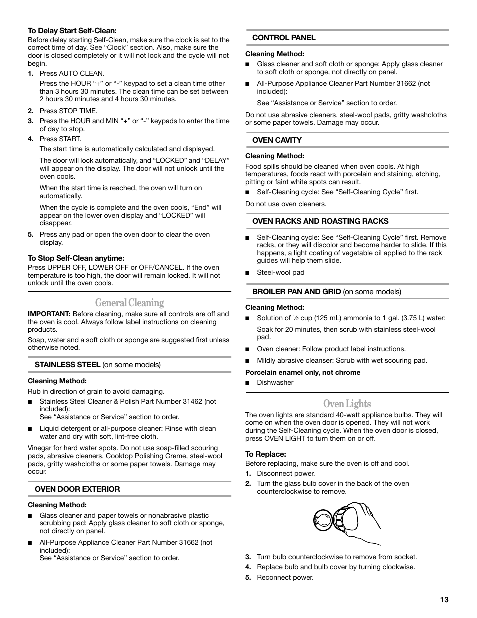 General cleaning, Oven lights | Whirlpool GBS307 User Manual | Page 13 / 16