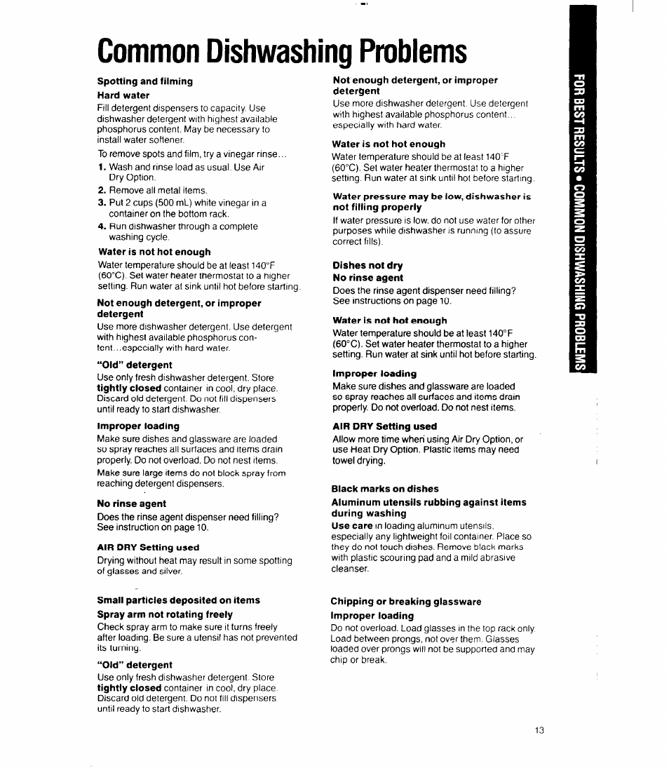 Common dishwashing problems | Whirlpool 8000 Series User Manual | Page 13 / 16