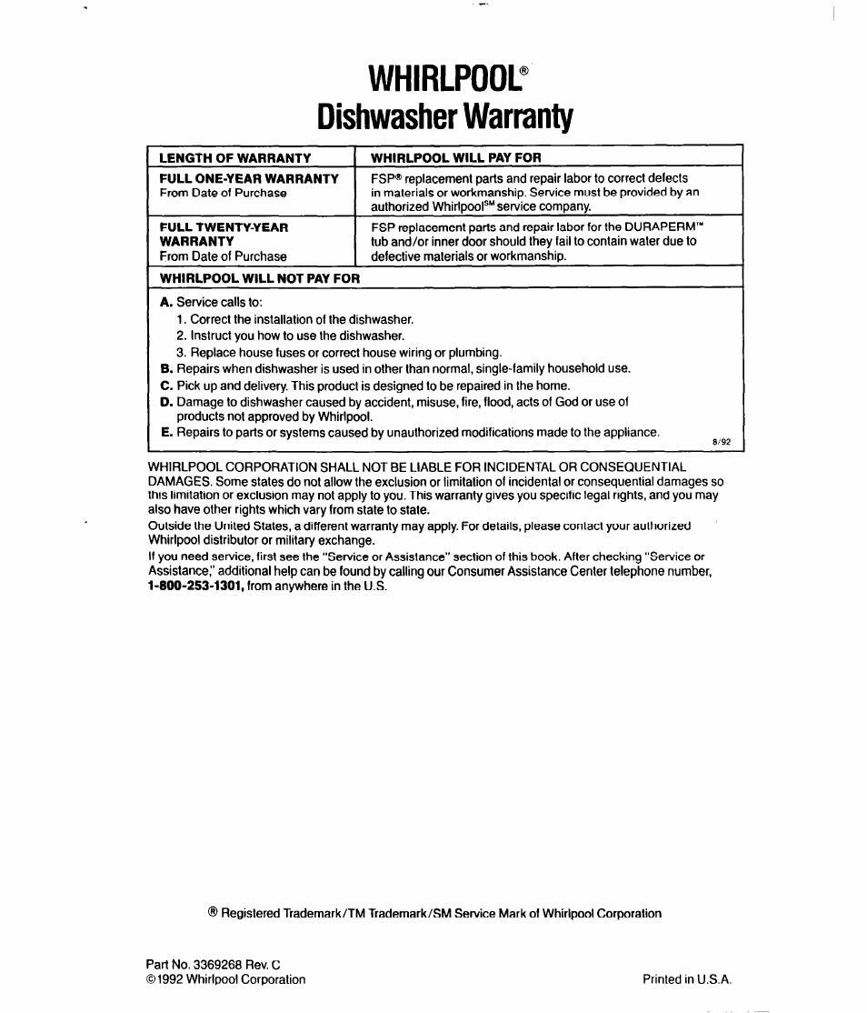 Whirlpool^ dishwasher warranty | Whirlpool 8000 Series User Manual | Page 16 / 16