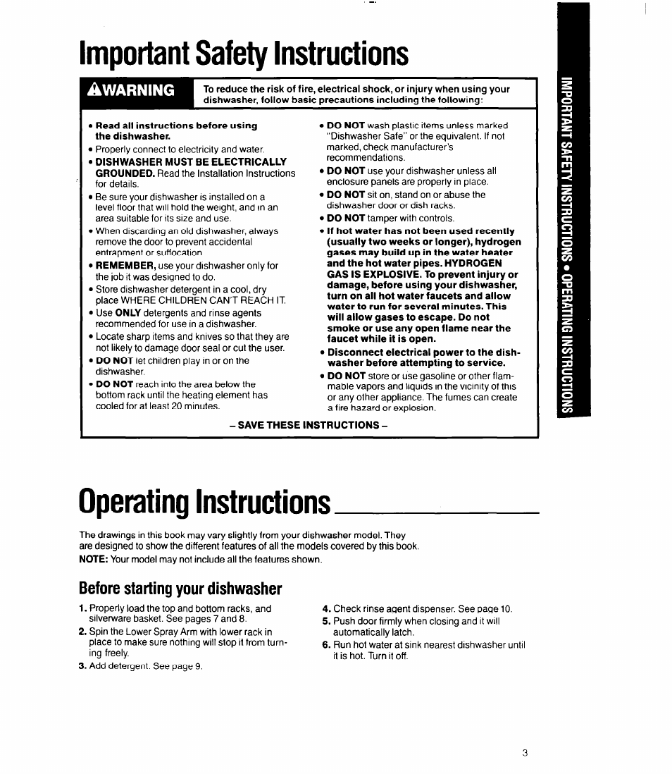 Important safety instructions, Operating instructions, Before starting your dishwasher | Warning | Whirlpool 8000 Series User Manual | Page 3 / 16