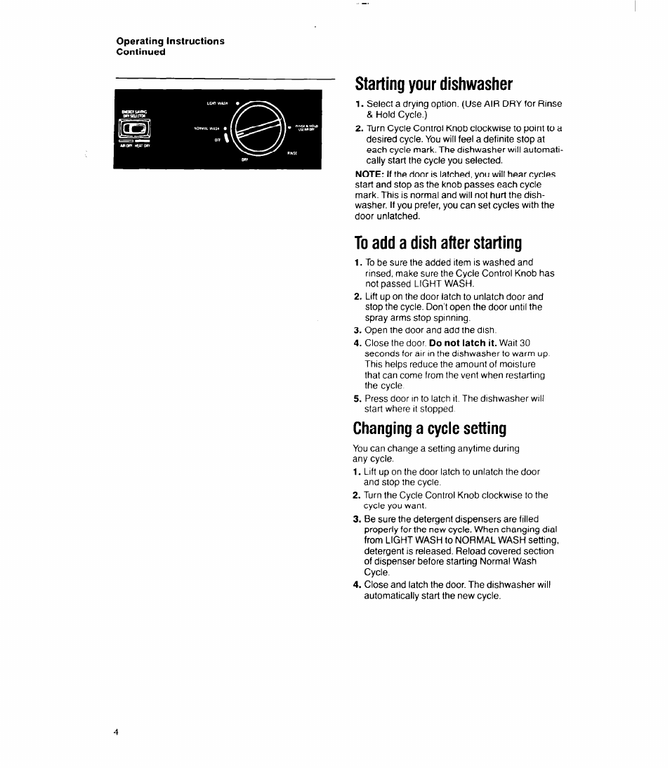 Starting your dishwasher, Changing a cycle setting | Whirlpool 8000 Series User Manual | Page 4 / 16