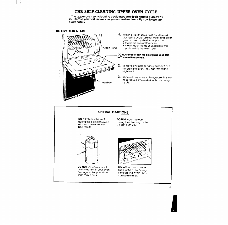 The self-cleaning upper oven cycle, Special cautions, The self-cleaning upper oven | Whirlpool RB170PXL User Manual | Page 11 / 16