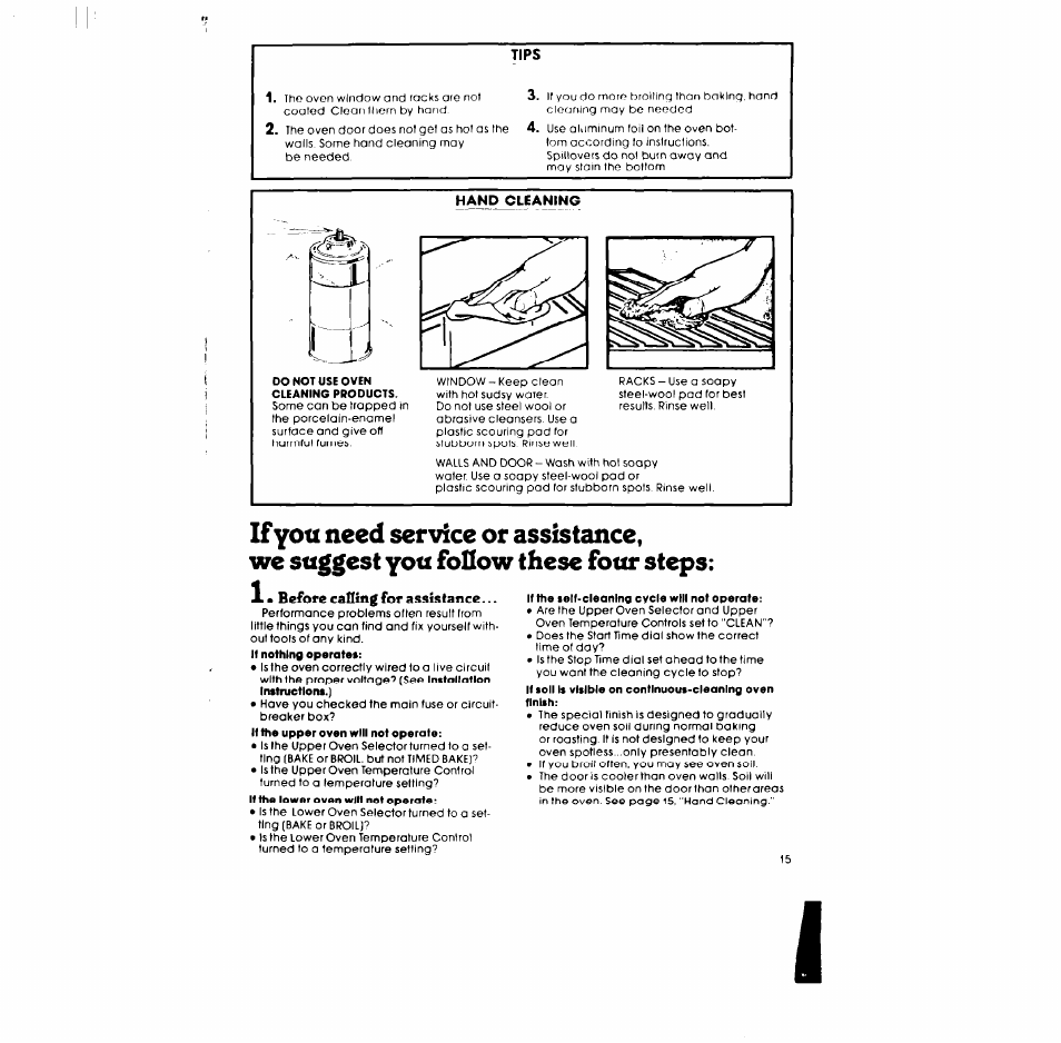 Hand cleaning, I • before calling for assistance, Before calling for assistance | Whirlpool RB170PXL User Manual | Page 15 / 16