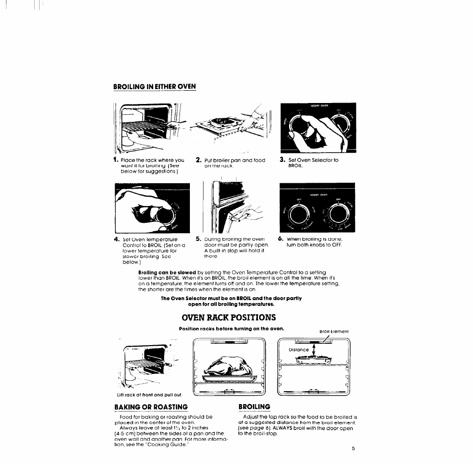 Broiling in either oven, Oven rack positions, Baking or roasting | Broiling in eitheroven | Whirlpool RB170PXL User Manual | Page 5 / 16