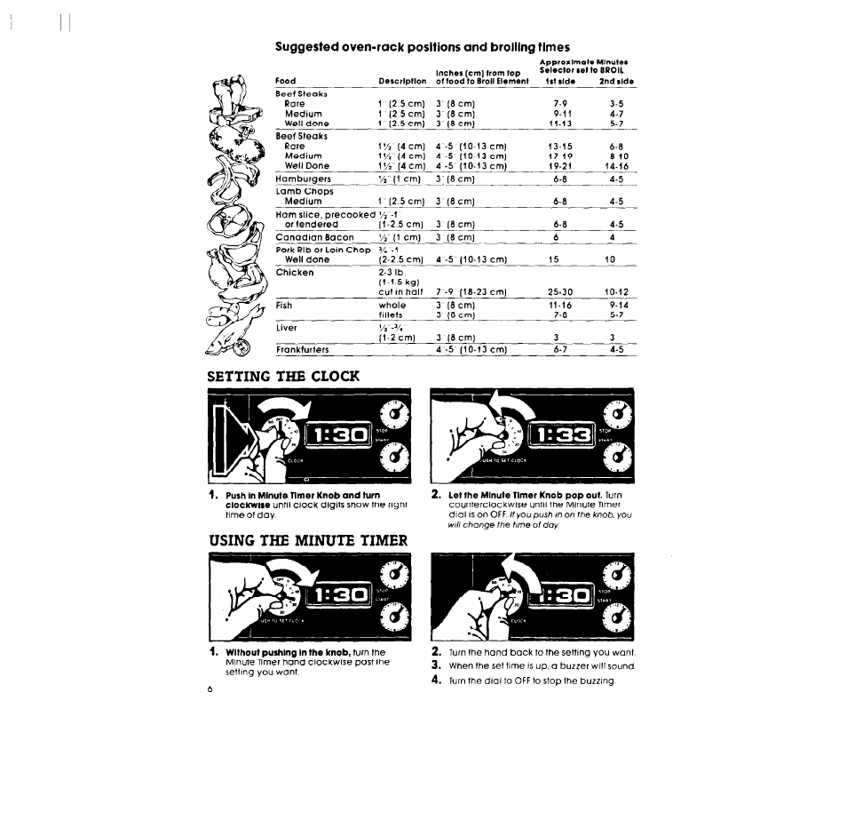 Suggested oven-rack positions and broiling times, Setting the clock, Using the minute timer | Whirlpool RB170PXL User Manual | Page 6 / 16