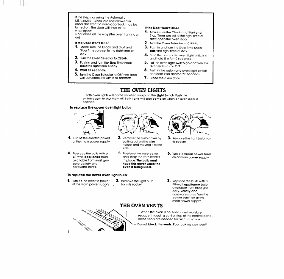 The oven lights, Oven lights, The oven vents | Whirlpool RB170PXL User Manual | Page 8 / 16