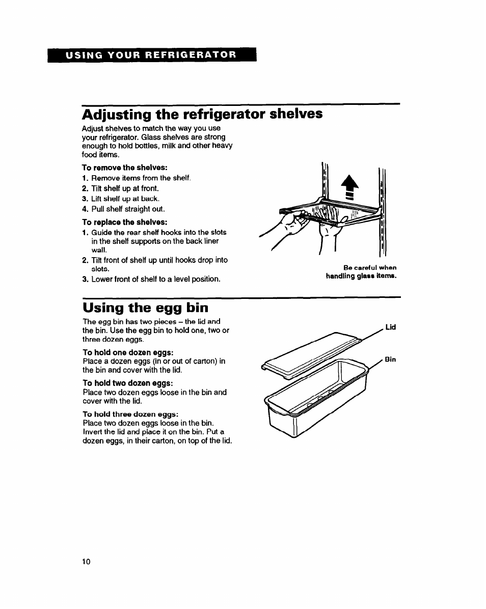 Adjusting the refrigerator shelves, Using the egg bin | Whirlpool ED20PK ED22PK User Manual | Page 10 / 24