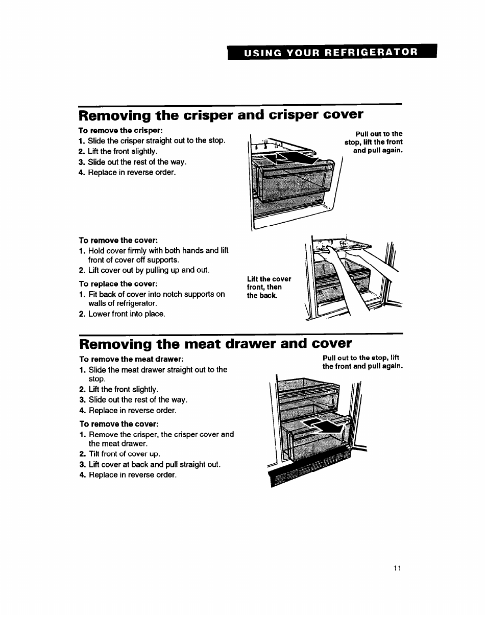 Removing the crisper and crisper cover, Removing the meat drawer and cover | Whirlpool ED20PK ED22PK User Manual | Page 11 / 24