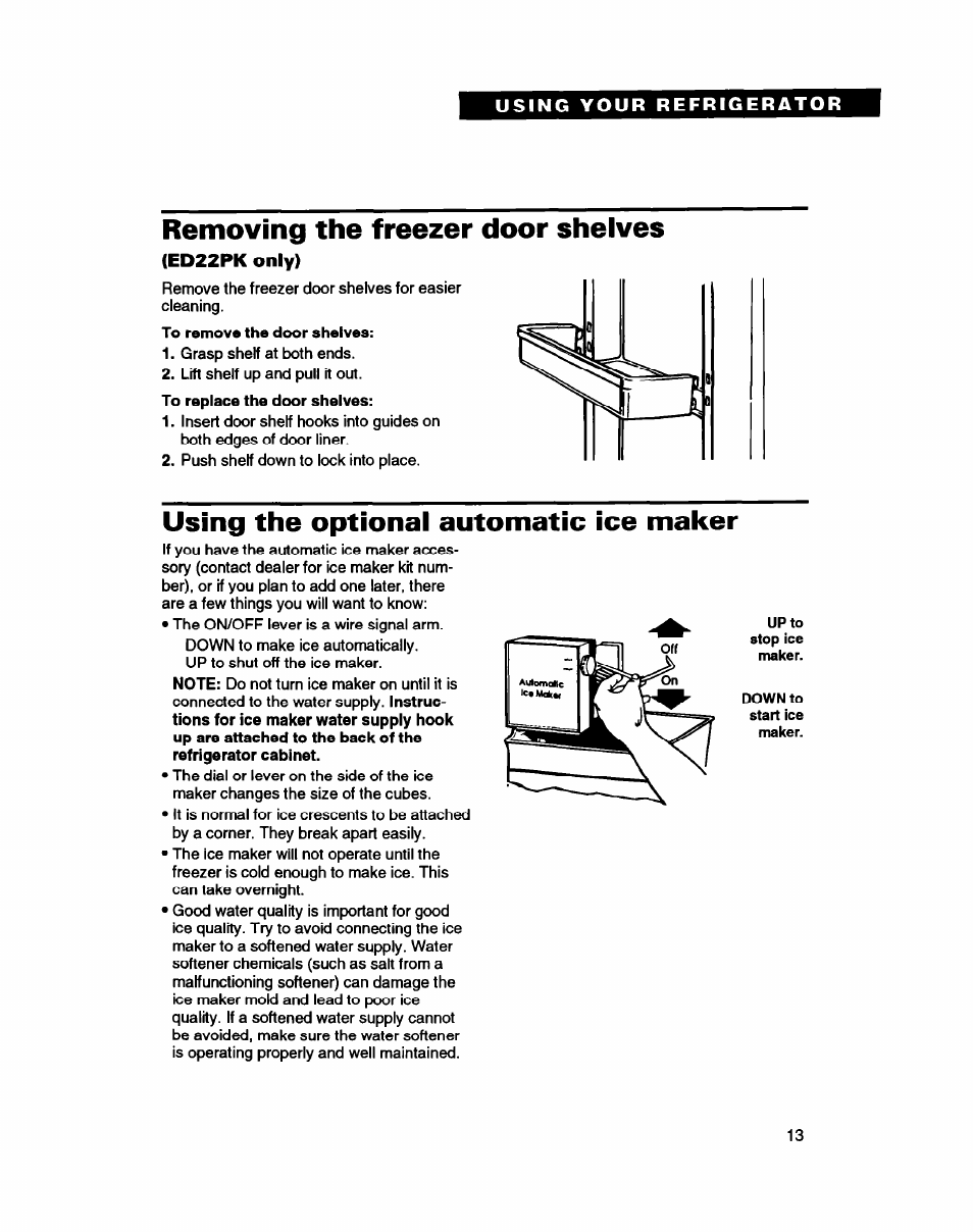 Removing the freezer door shelves, Using the optional automatic ice maker | Whirlpool ED20PK ED22PK User Manual | Page 13 / 24