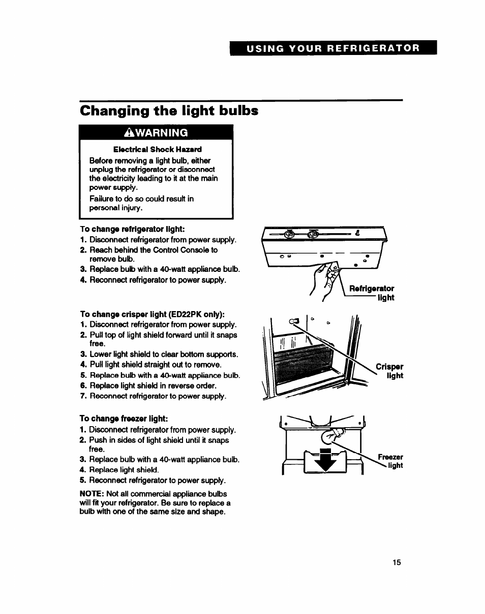 Changing the light bulbs | Whirlpool ED20PK ED22PK User Manual | Page 15 / 24