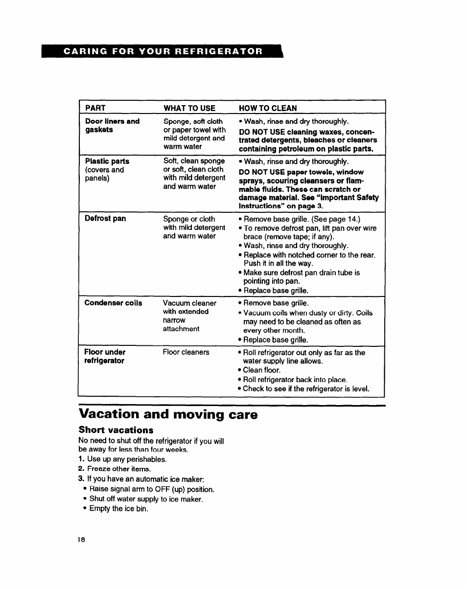 Vacation and moving care | Whirlpool ED20PK ED22PK User Manual | Page 18 / 24