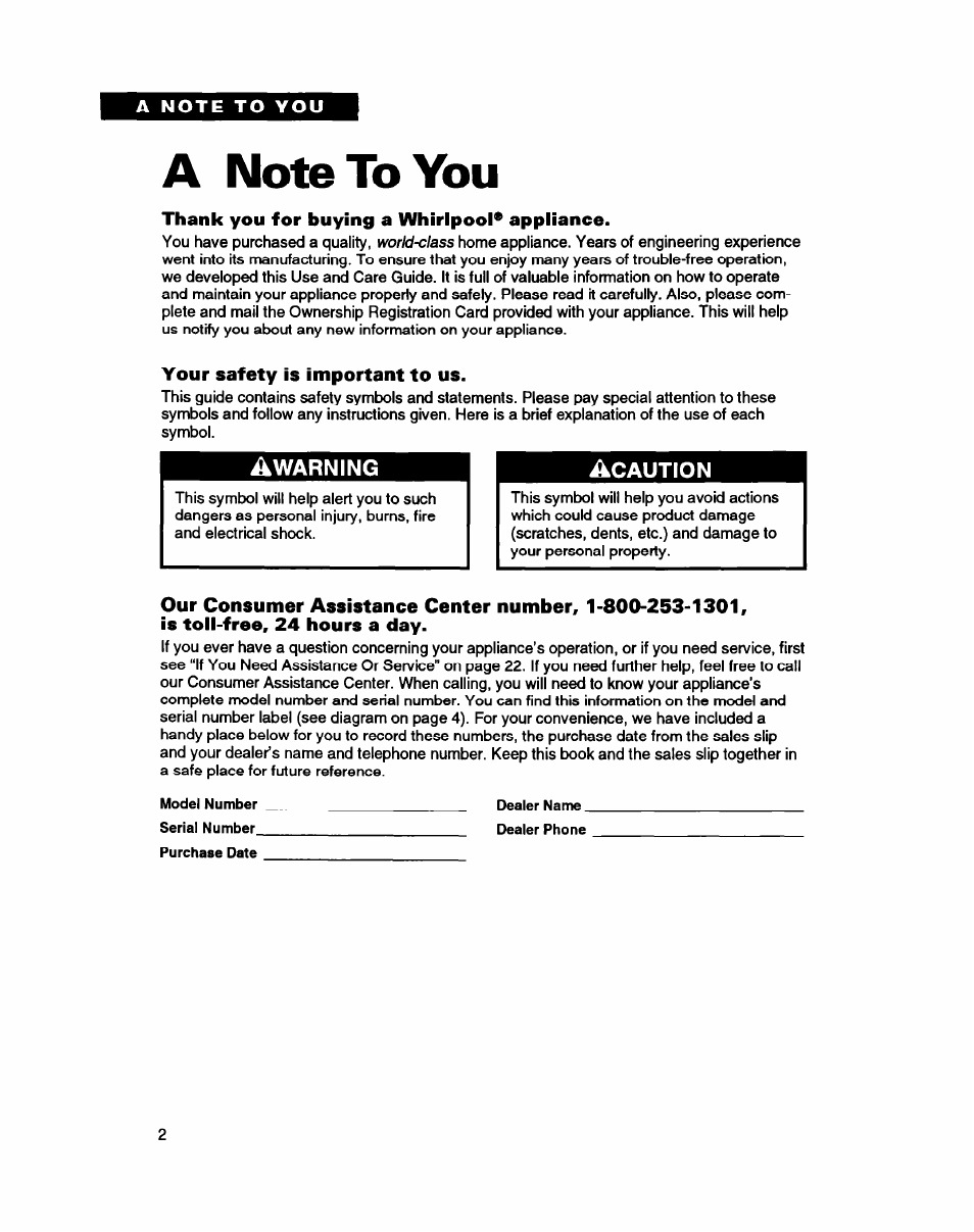 A note to you | Whirlpool ED20PK ED22PK User Manual | Page 2 / 24