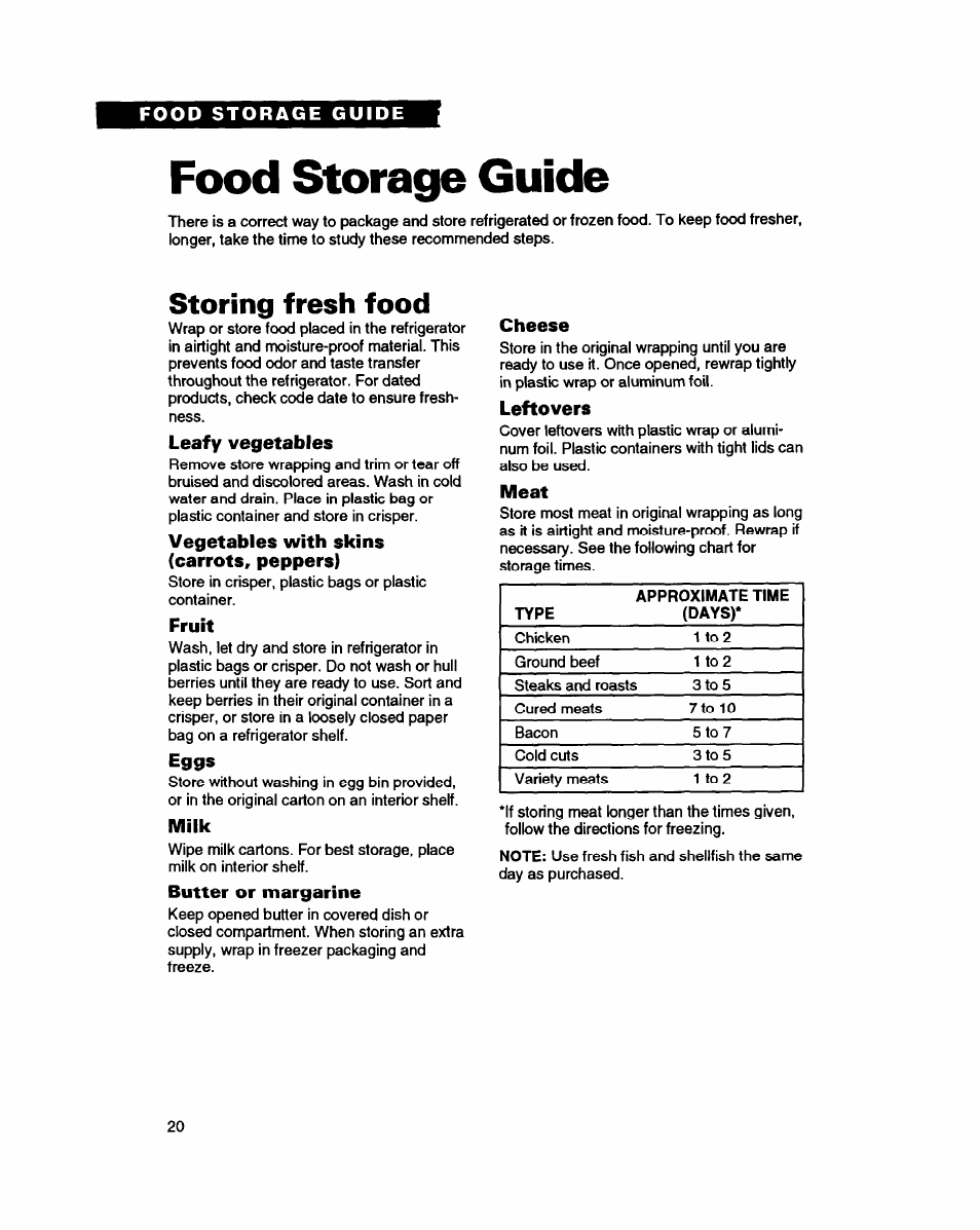 Food storage guide, Storing fresh food | Whirlpool ED20PK ED22PK User Manual | Page 20 / 24