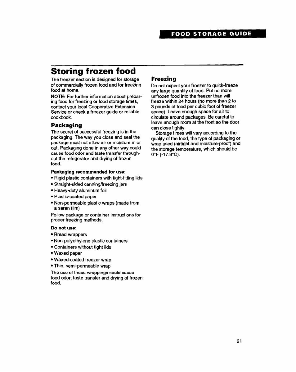 Storing frozen food | Whirlpool ED20PK ED22PK User Manual | Page 21 / 24