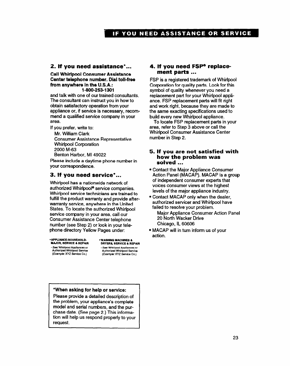 If you need assistance, If you need service, If you need fsp* replace­ ment parts | Whirlpool ED20PK ED22PK User Manual | Page 23 / 24