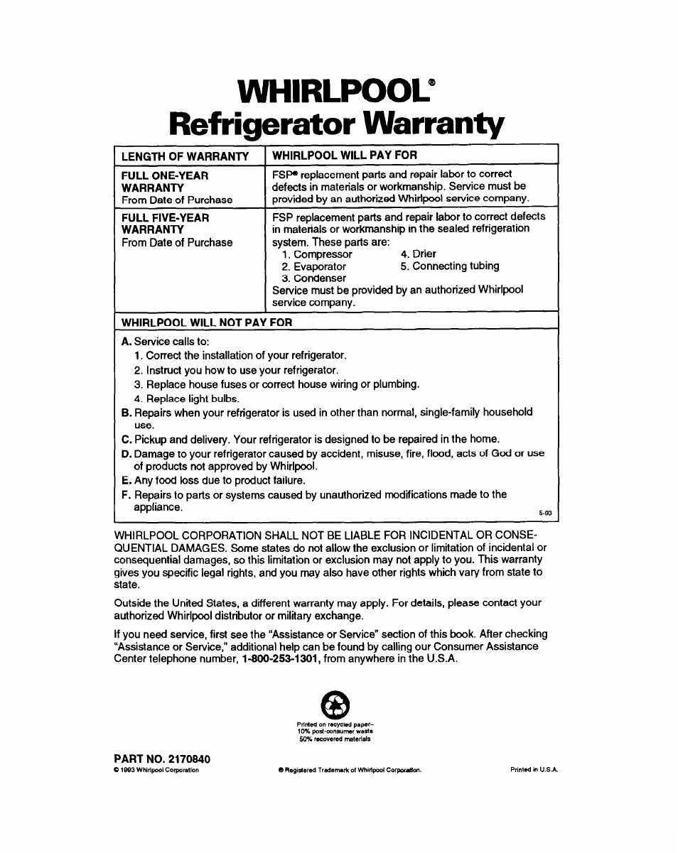 Whirlpool, Refrigerator warranty, Whirlpool' refrigerator warranty | Whirlpool ED20PK ED22PK User Manual | Page 24 / 24