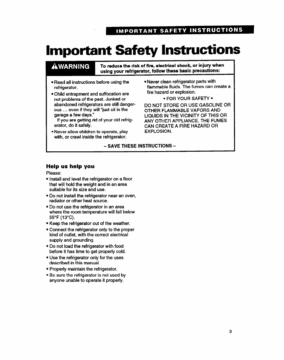 Important safety instructions | Whirlpool ED20PK ED22PK User Manual | Page 3 / 24