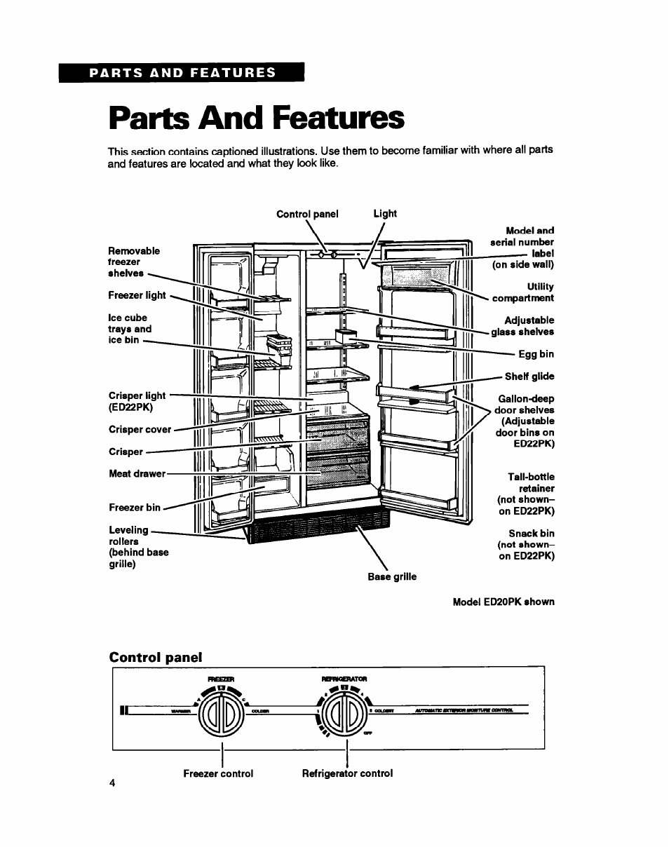 Parts and features | Whirlpool ED20PK ED22PK User Manual | Page 4 / 24