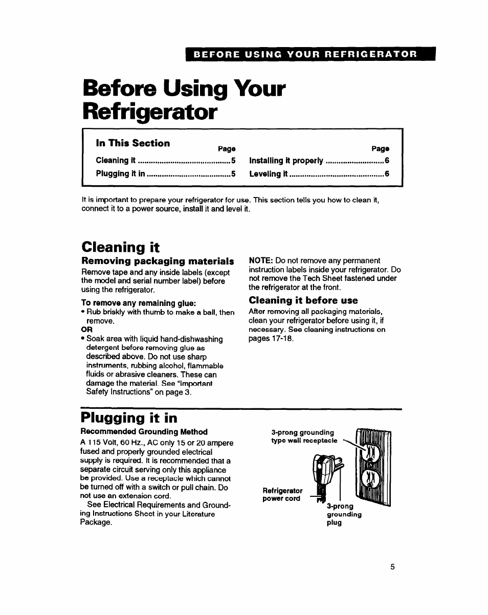 Before using your refrigerator, Cleaning it, Plugging it in | Whirlpool ED20PK ED22PK User Manual | Page 5 / 24