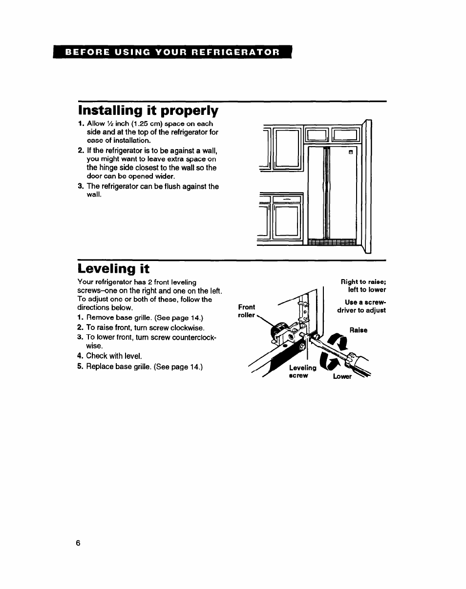 Installing it properly, Leveling it | Whirlpool ED20PK ED22PK User Manual | Page 6 / 24