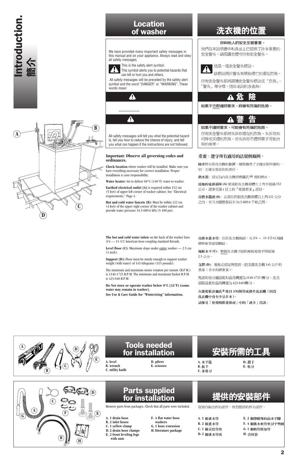 Location of washer, Tools needed for installation, Parts supplied for installation | Intr oduction, Warning, Danger | Whirlpool 8318507 User Manual | Page 2 / 9