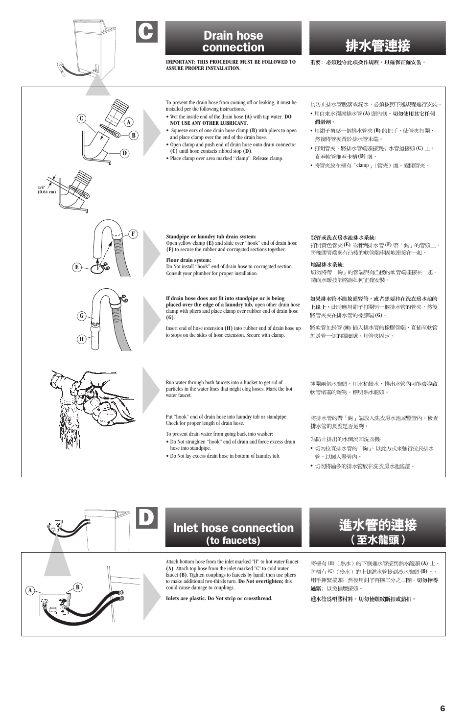 C. drain hose connection, D. inlet hose connection, Drain hose connection | Inlet hose connection | Whirlpool 8318507 User Manual | Page 6 / 9