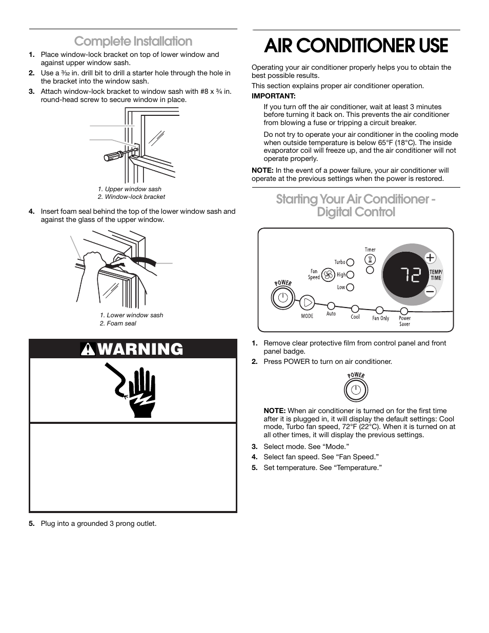 Air conditioner use, Warning, Complete installation | Starting your air conditioner - digital control | Whirlpool 1187361 User Manual | Page 10 / 32