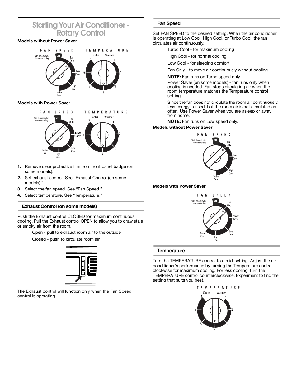 Starting your air conditioner - rotary control | Whirlpool 1187361 User Manual | Page 13 / 32