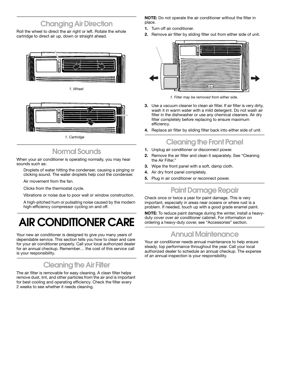 Air conditioner care, Changing air direction, Normal sounds | Cleaning the air filter, Cleaning the front panel, Paint damage repair, Annual maintenance | Whirlpool 1187361 User Manual | Page 14 / 32