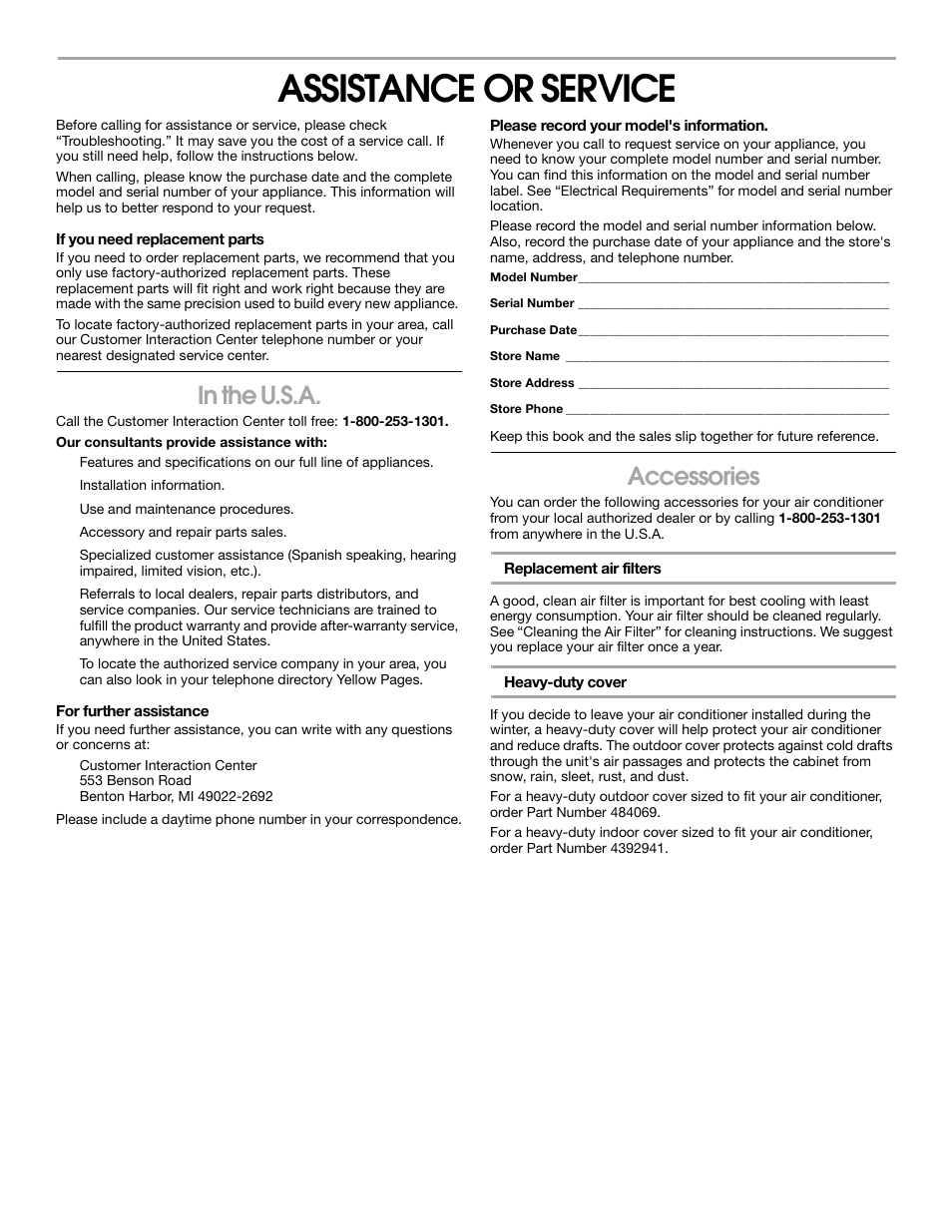 Assistance or service, Accessories | Whirlpool 1187361 User Manual | Page 16 / 32