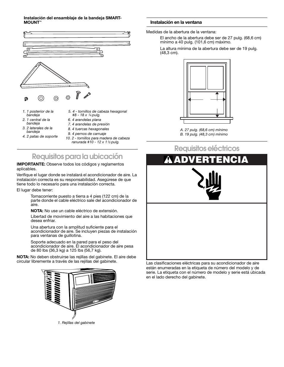 Advertencia, Requisitos para la ubicación, Requisitos eléctricos | Whirlpool 1187361 User Manual | Page 18 / 32