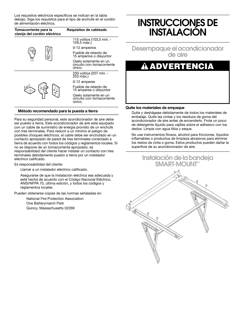 Instrucciones de instalación, Advertencia, Desempaque el acondicionador de aire | Instalación de la bandeja smart-mount | Whirlpool 1187361 User Manual | Page 19 / 32